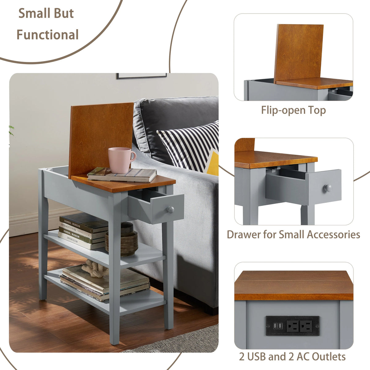Narrow 2-Tone End Table With USB Charging Ports, 11.8 Inches Wide