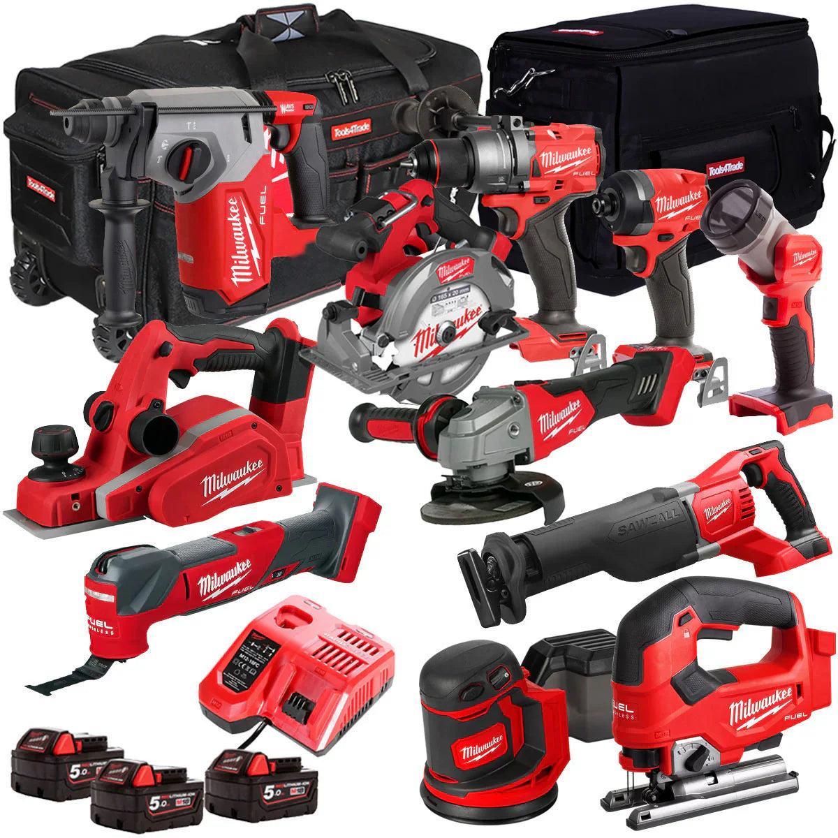 Milwaukee 18V Cordless 11 Piece Tool Kit With 3 x 5.0Ah Batteries, Charger And Bag - T4TM-9