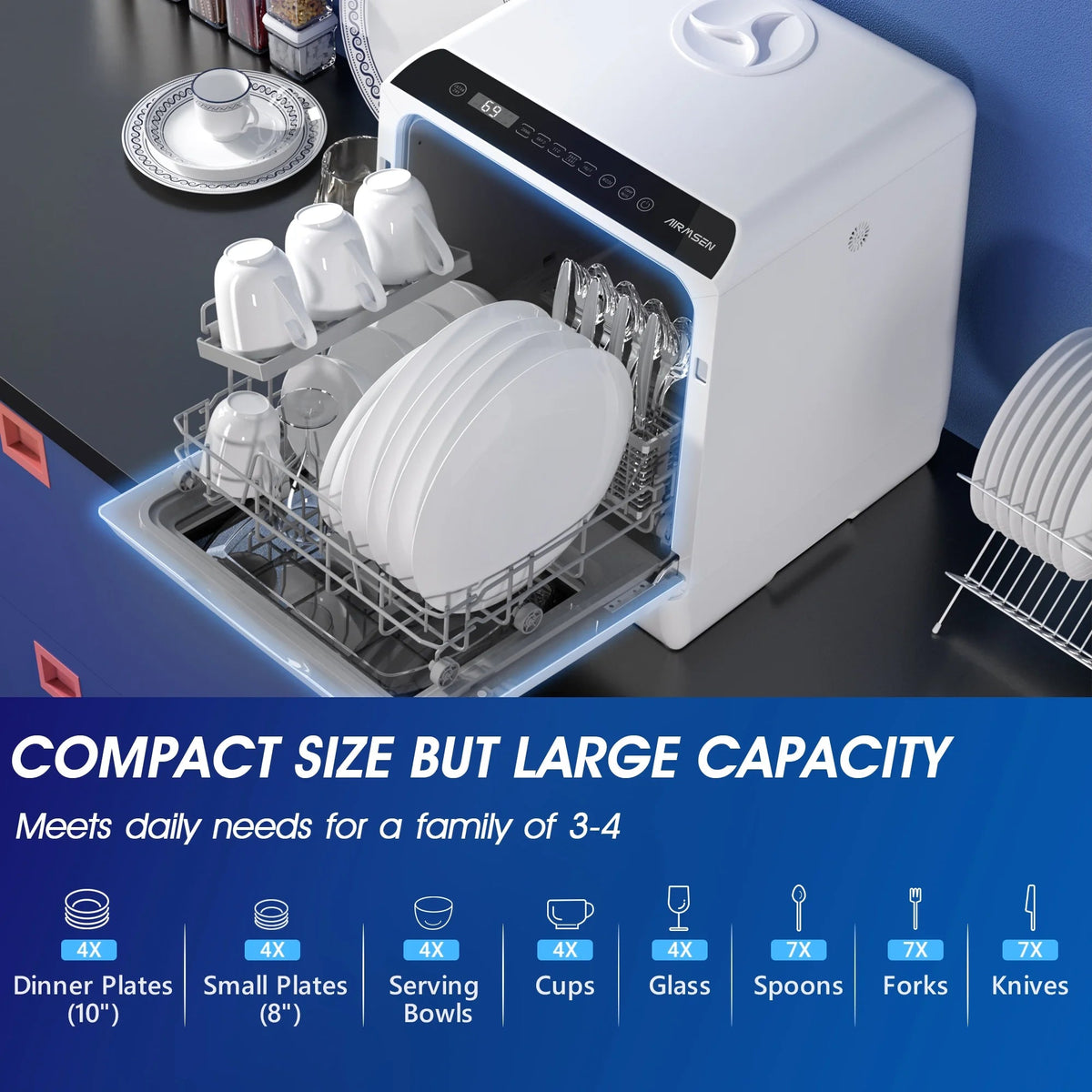 AIRMSEN Portable Countertop Dishwasher With 5L Built-In Water Tank And 5 Washing Programs - AE-TDQR03