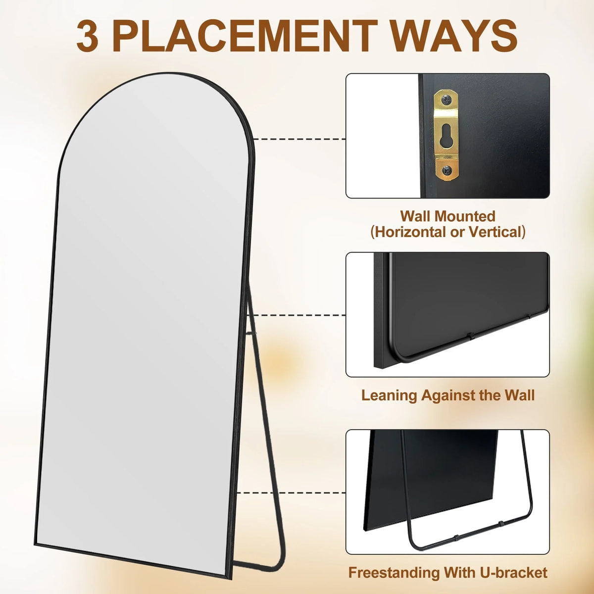 Arched Full Length Floor Mirror With Aluminum Alloy Frame - 65x22, 71x24, 71x28, 71x32