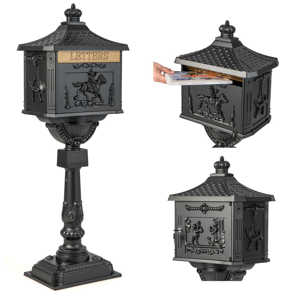 Cast Aluminum Lockable Mailbox With Post, 14 x 11.5 x 46 in - White, Black Or Bronze