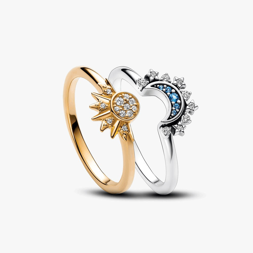 Celestial Sparkling Sun and Moon Ring Set