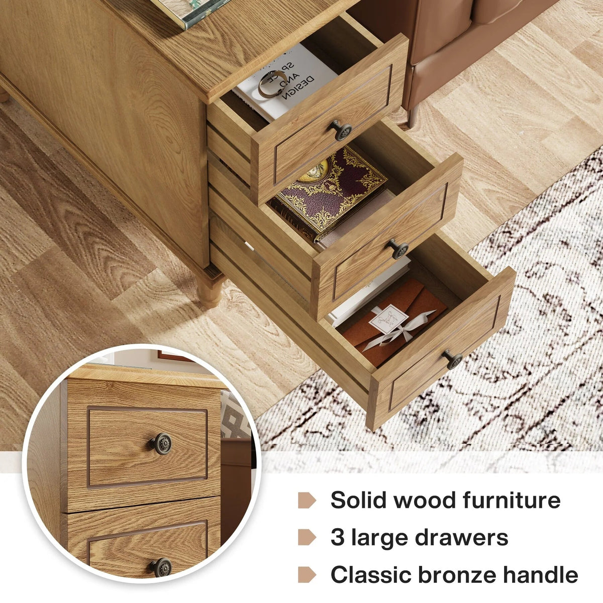 Solid Wood Narrow End Table With 3 Drawers - Fully Assembled