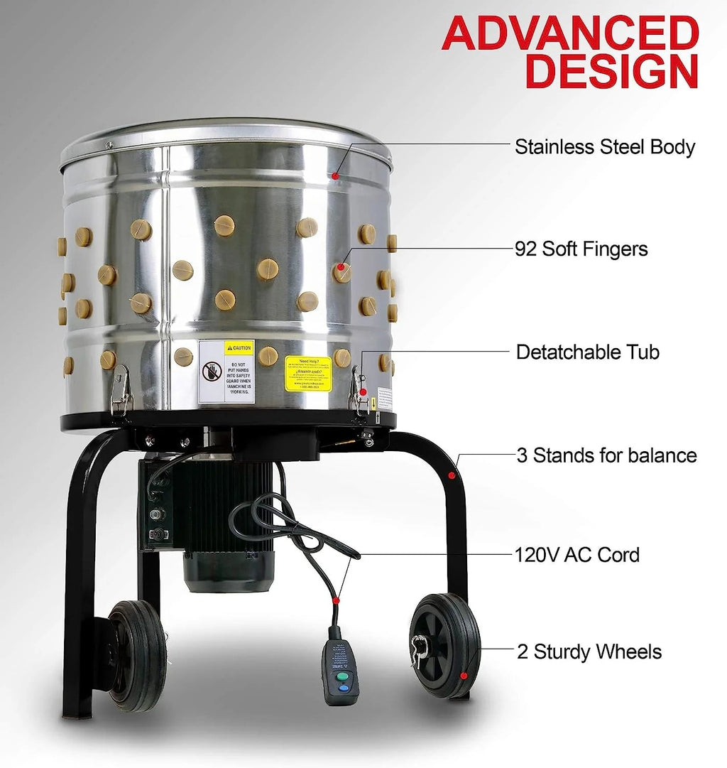 1 HP Electric Chicken Plucker, Stainless Steel, 120VAC, 800W, 280 RPM, 20-Inch Drum, 92 Soft Fingers