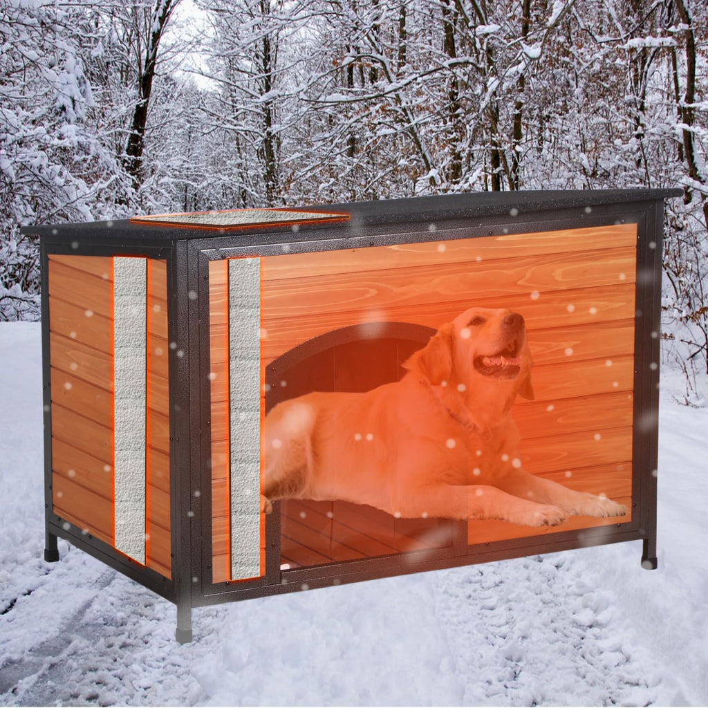 43.3-Inch L-Shaped Outdoor Insulated Dog House, Brown