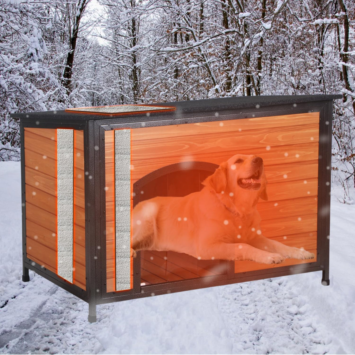 43.3-Inch L-Shaped Outdoor Insulated Dog House, Brown