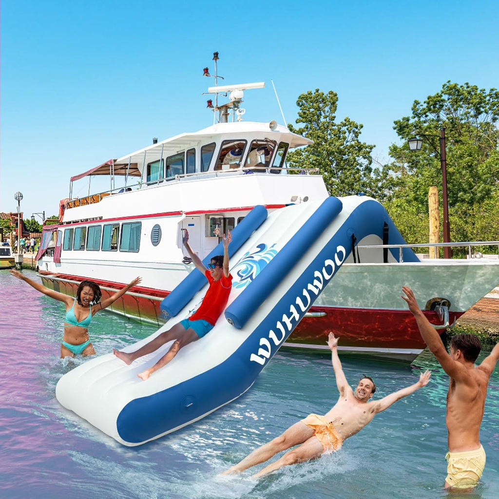 WUHUWOO Inflatable Pontoon Boat Water Slide, Blue - Electric Air Pump And Storage Bag