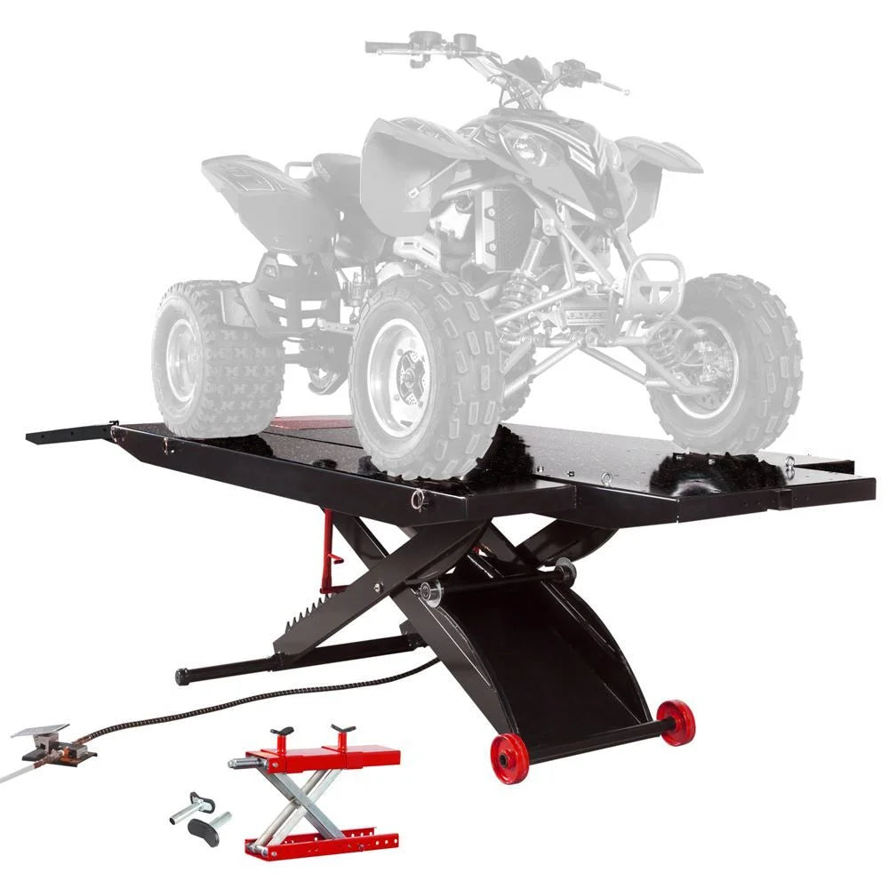 Hydraulic Motorcycle And ATV Lift Table With Center Jack - Heavy-Duty Adjustable Service Platform
