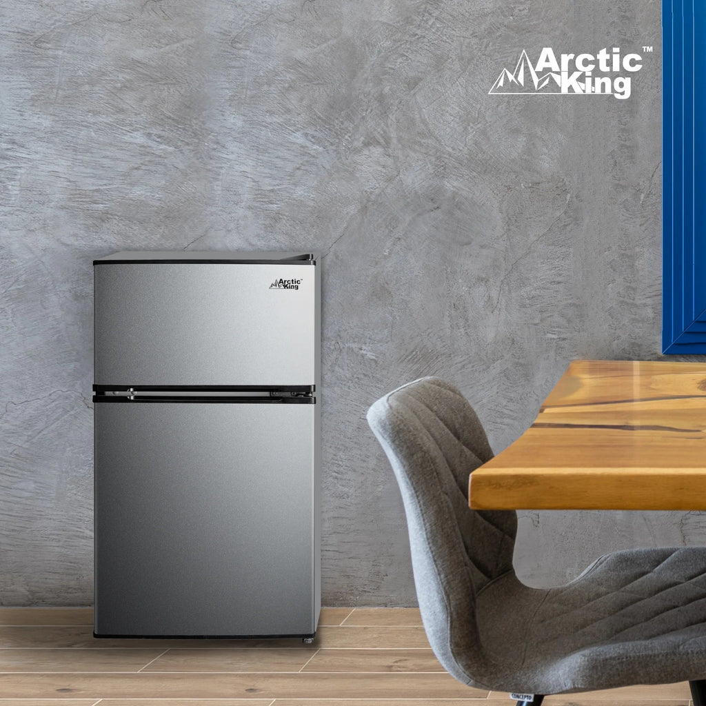 Arctic King Two-Door Mini Fridge With Freezer, 3.2 Cu ft, 18.5 in x 19.4 in x 33.3 in, Stainless Steel - E-Star