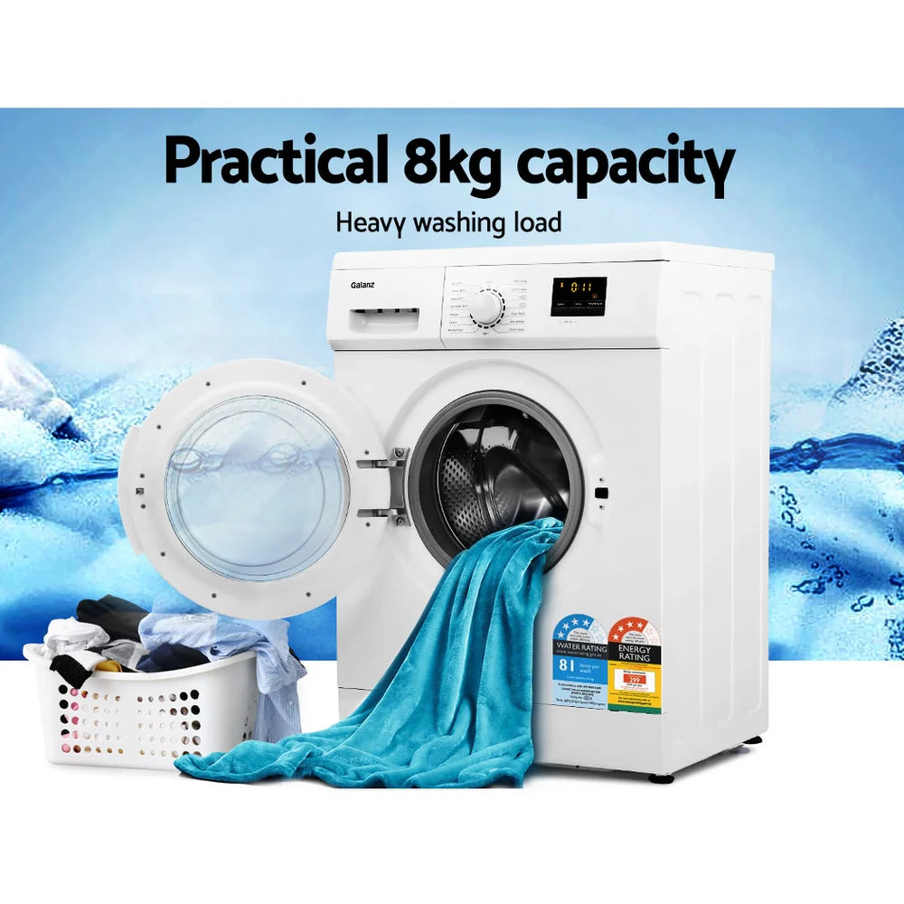 Devanti Front Load Washing Machine 8kg, 15 Programs, White - 59cm x 52cm x 84.5cm