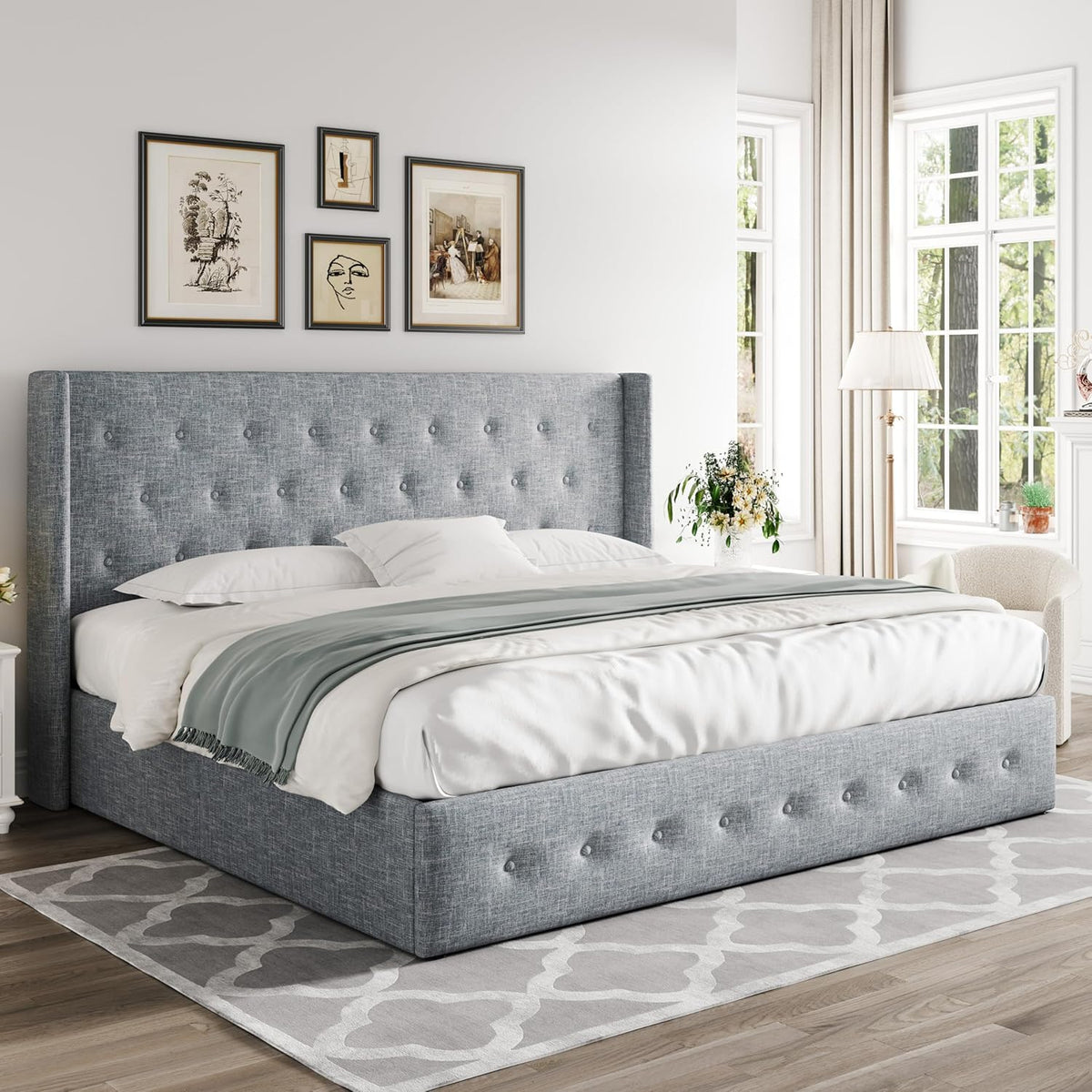 Queen Size Lift-Up Storage Bed With Wingback Headboard, Upholstered Platform Bed Frame With Hidden Storage