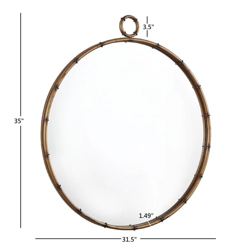 Round Wall Mirror With Antique Brass Finish And Decorative Ring Detail - 31.5in W x 1.5in D x 35in H
