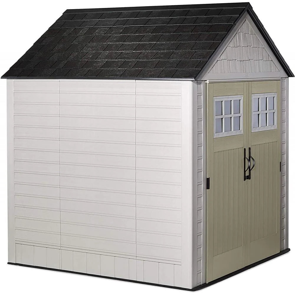 Rubbermaid Resin Outdoor Garden Storage Shed 7 x 7 ft, Sand - With Windows And Utility Hooks