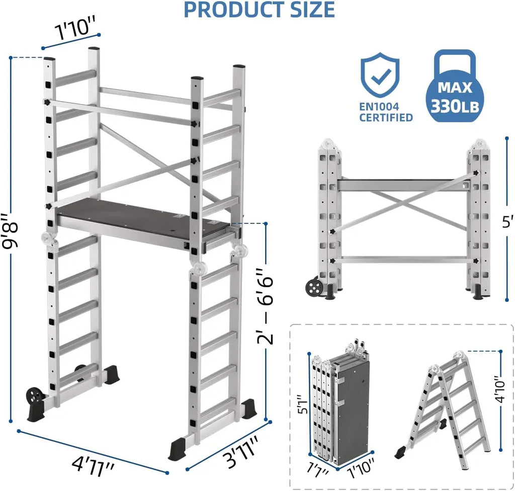 Aluminum Folding Scaffolding Ladder With Wheels, 60in W x 116in H, 8 Steps, 330 lbs - APJC-PSL168