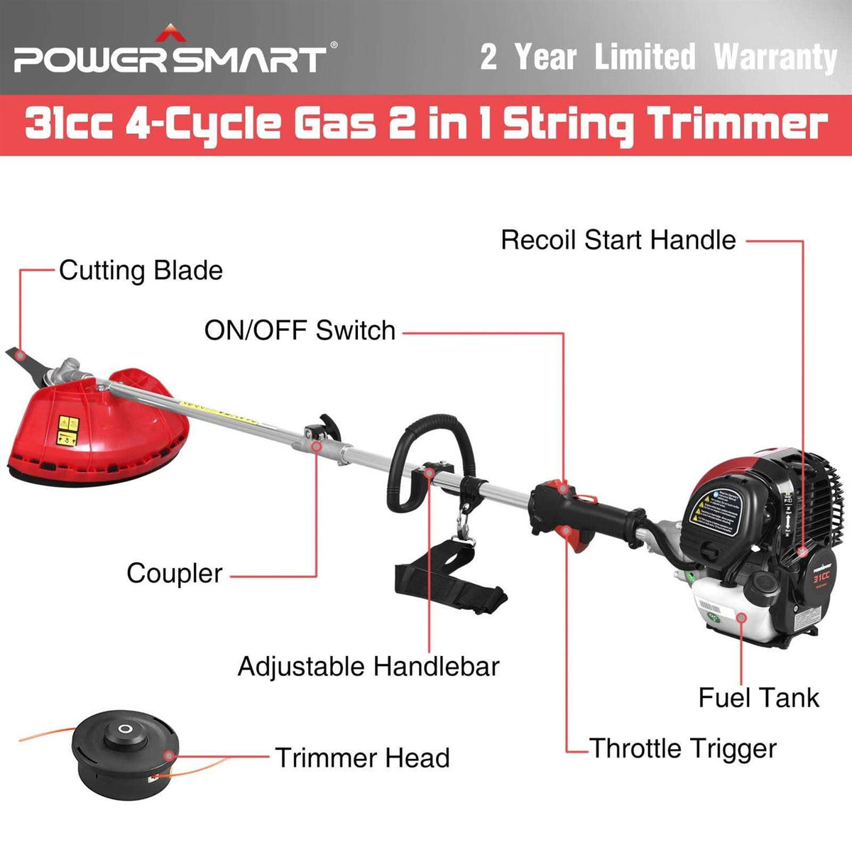 Powersmart 31cc 4-Cycle 15lb Straight Shaft Gas String Trimmer and Brush Cutter