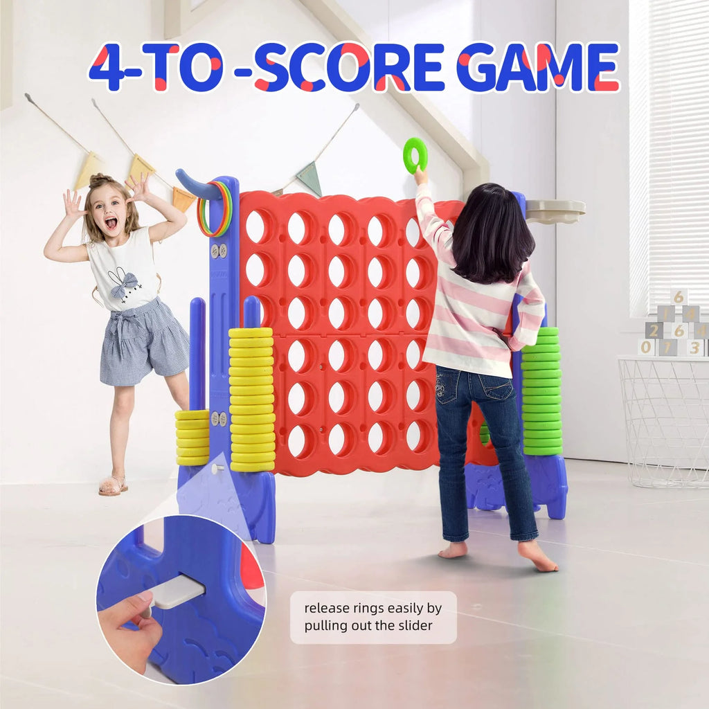 UNICOO 3-in-1 Giant 4 in a Row, Basketball Hoop and Ring Toss Game - Red + Blue