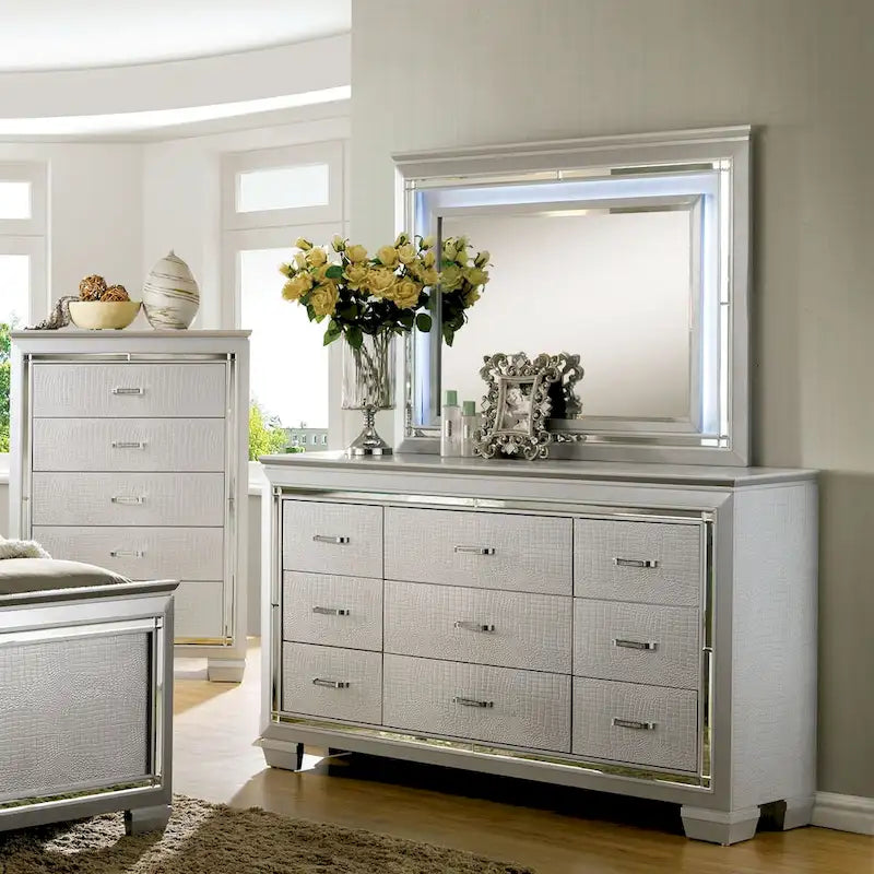 Furniture of America 9-Drawer Dresser and Mirror Set, 66 x 17.5 x 39 in - Ruff Crocodile