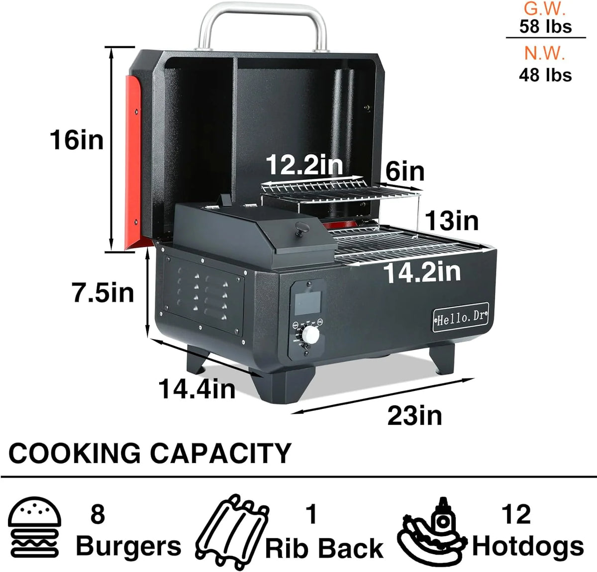 Hello.Dr Portable Wood Pellet Grill And Smoker, 8-In-1 Tabletop, Black - B0BWGXFY9H