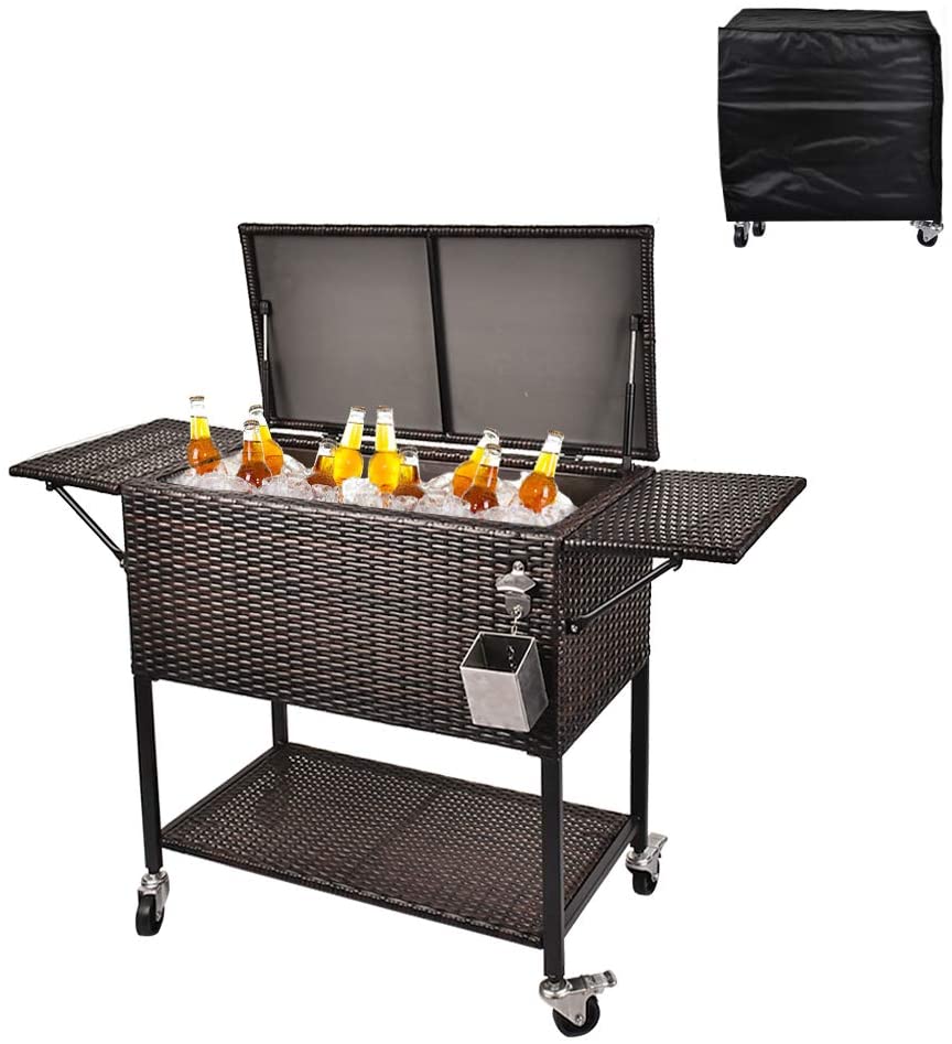 Rattan Rolling Cooler Cart, 80 Quart / 20 Gallon