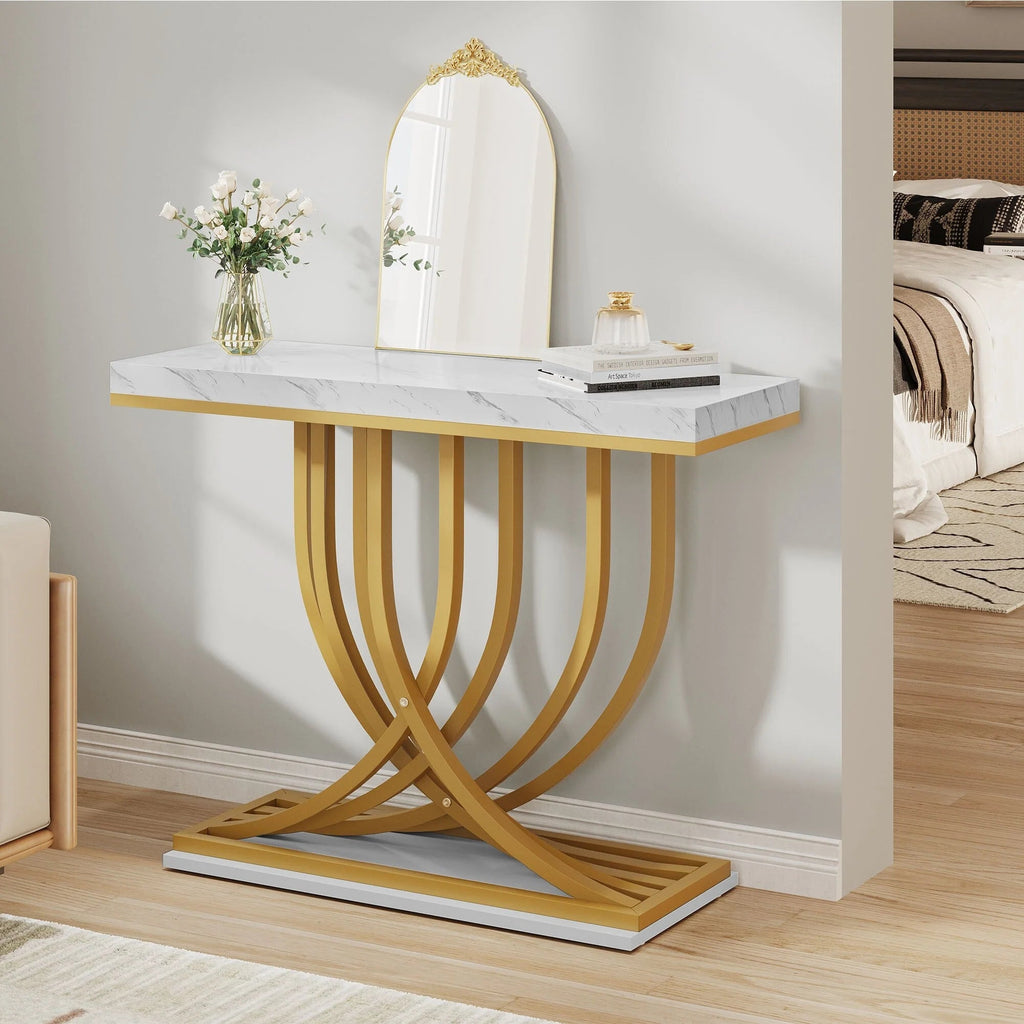 Console Table With Faux Marble MDF Top And Gold Metal Frame