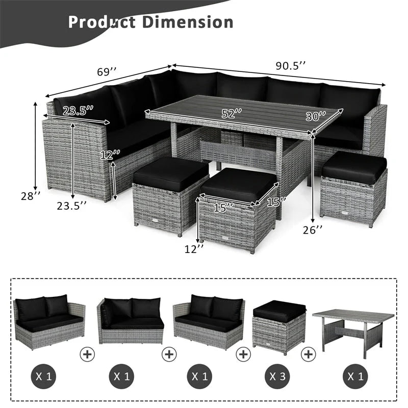 7-Piece Rattan Patio Dining Set With 3 Corner Chairs, 3 Ottomans And Table