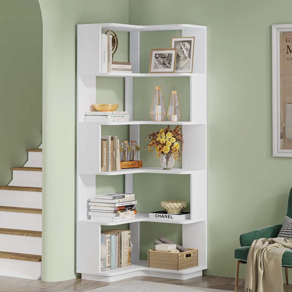 6-Tier Corner Bookshelf, 64.9 Inch Tall, Freestanding Wood Industrial Bookcase