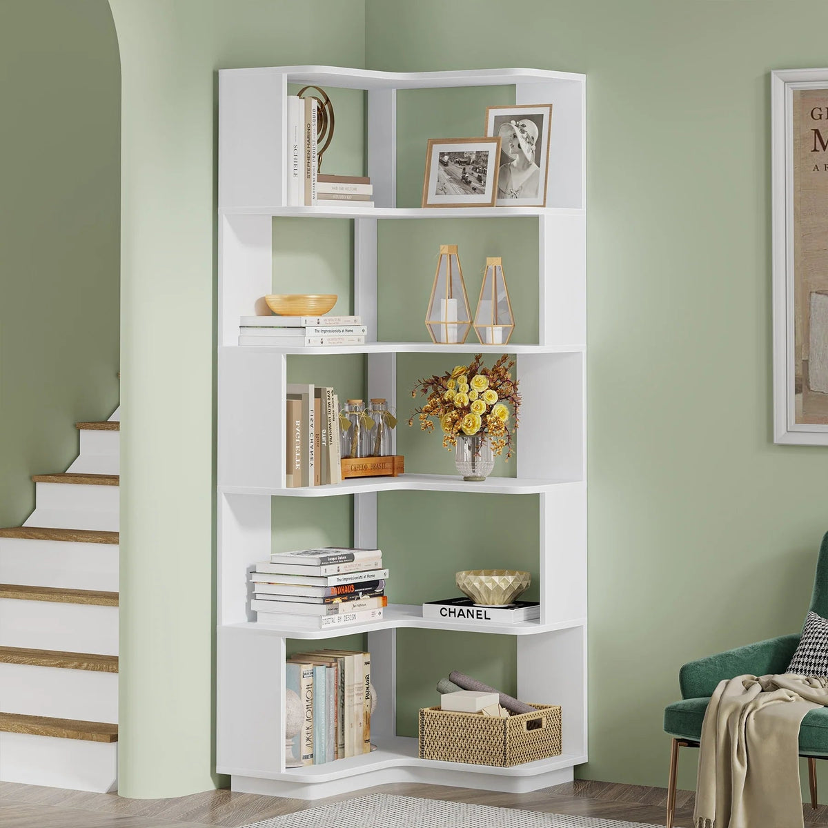 6-Tier Corner Bookshelf, 64.9 Inch Tall, Freestanding Wood Industrial Bookcase