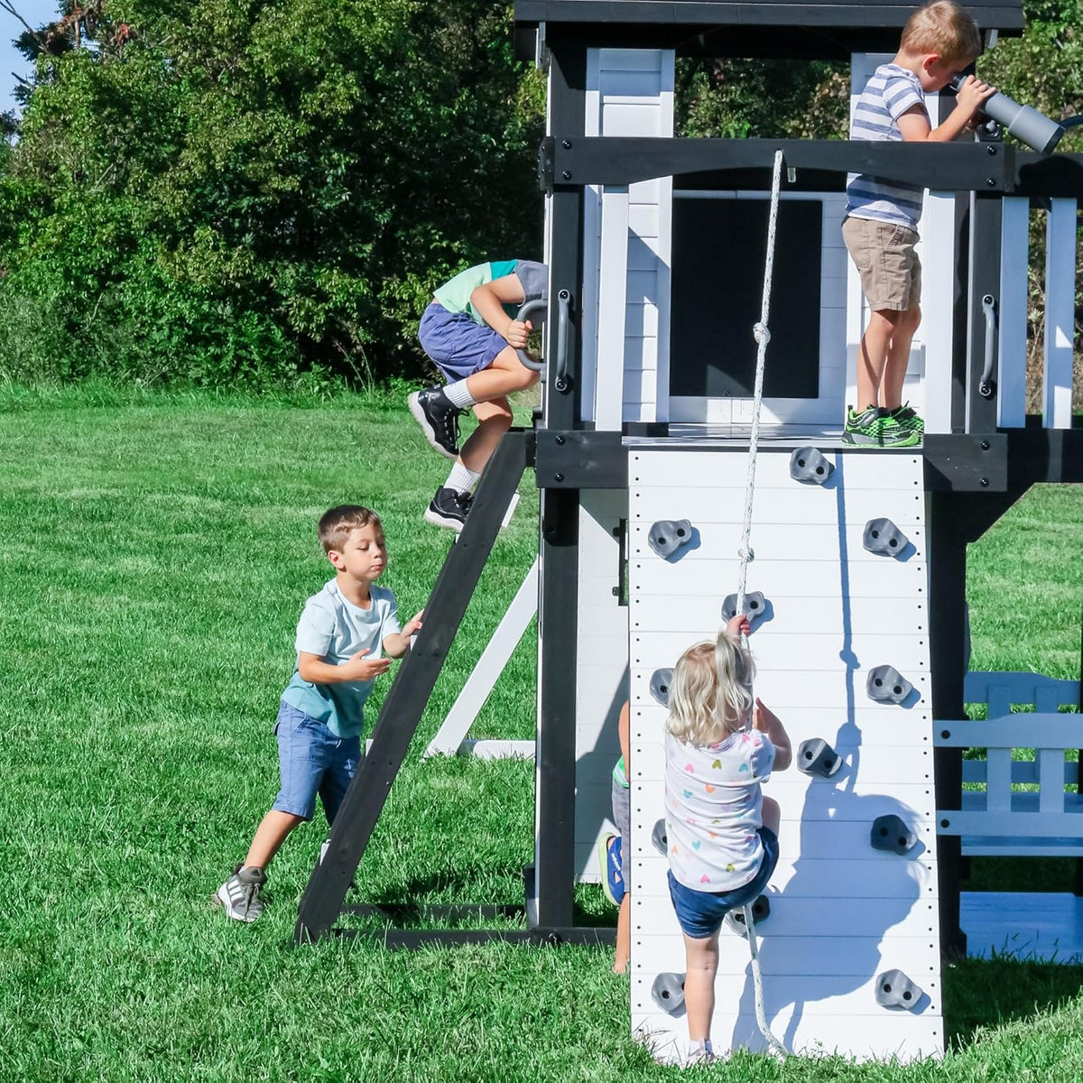 Backyard Discovery Cedar Wood Swing Set With Wave Slide, Clubhouse, Play Kitchen, Belt And Web Swings - Canyon Creek