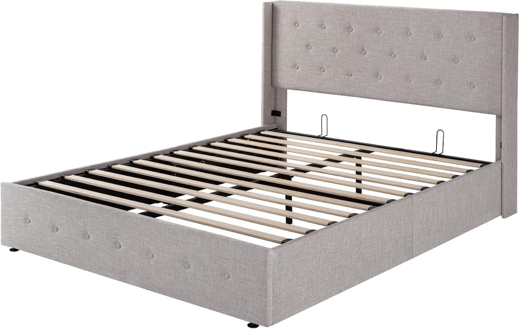 Queen Size Lift-Up Storage Bed With Wingback Headboard, Upholstered Platform Bed Frame With Hidden Storage