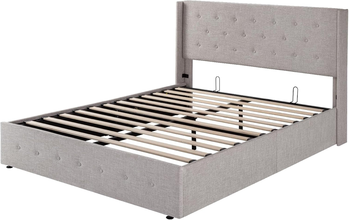 Queen Size Lift-Up Storage Bed With Wingback Headboard, Upholstered Platform Bed Frame With Hidden Storage