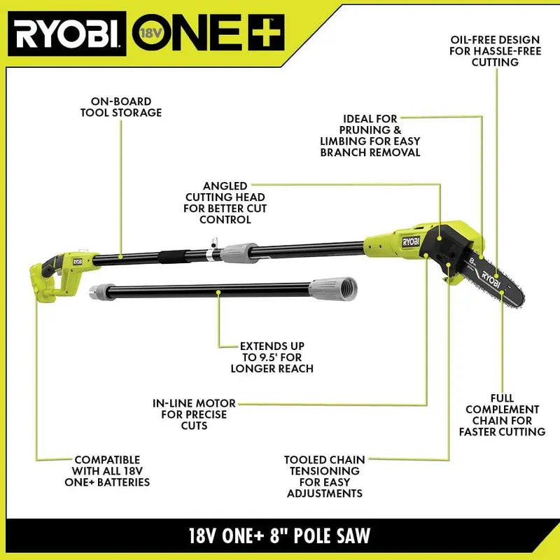 RYOBI ONE+ 18V 8 in Cordless Pole Saw And Pruning Saw Combo Kit With 2.0 Ah Battery And Charger - P20310