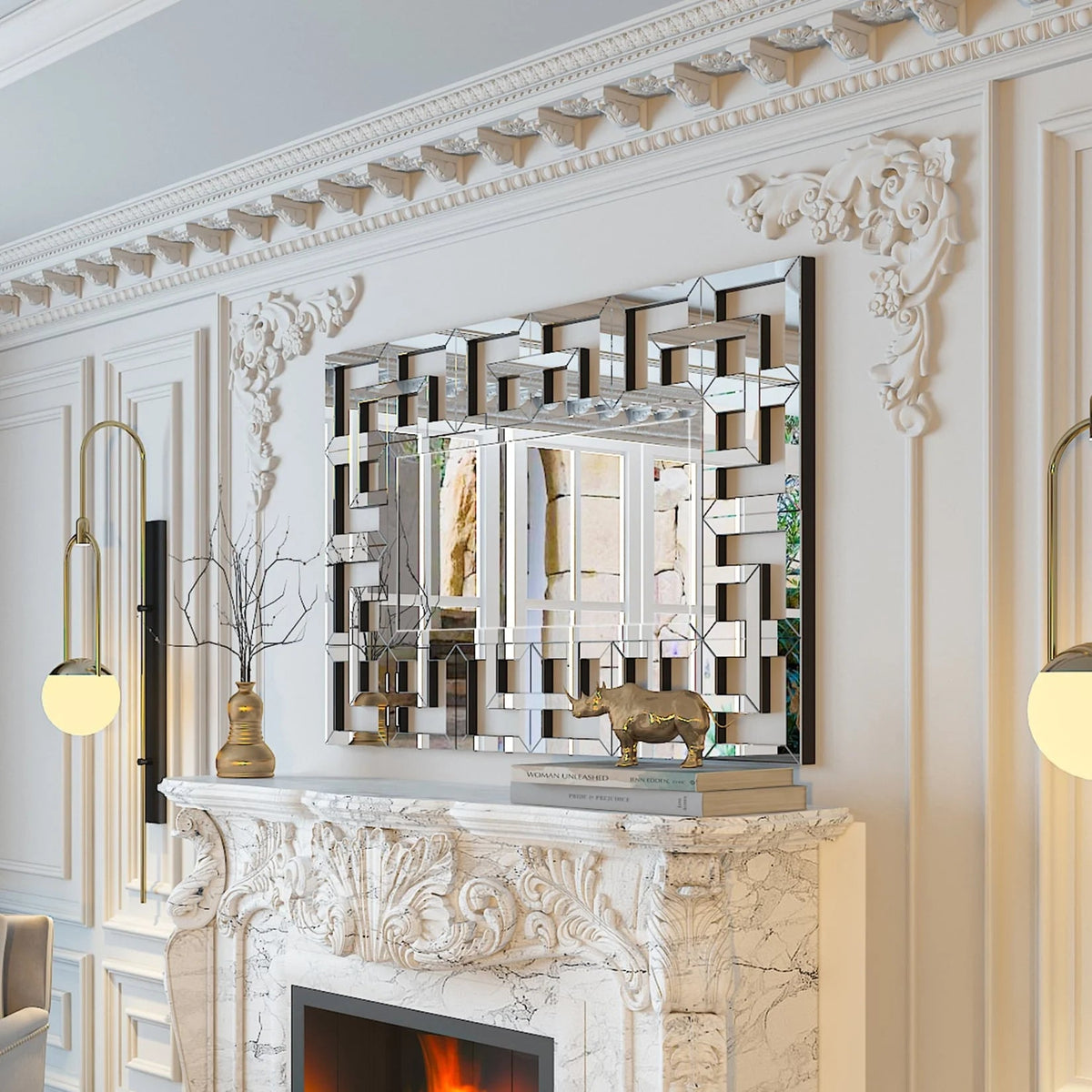 Silver Geometric Decorative Wall Mirror, 39.4in x 27.6in - MDF And Glass