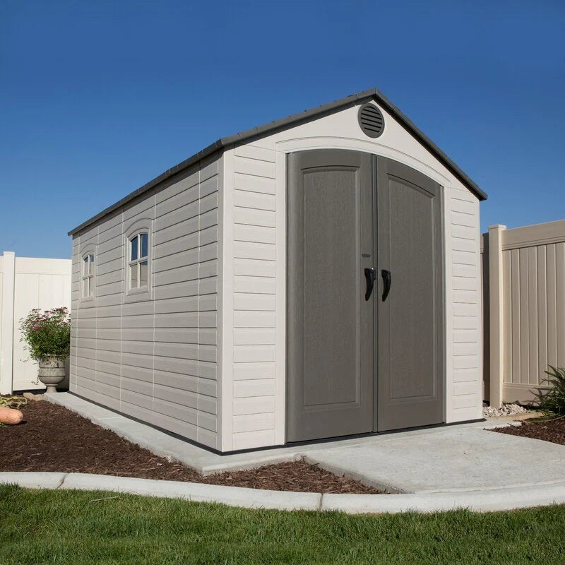Plastic Storage Shed, 8 ft. W x 12.5 ft. D, Desert Tan And Dark Brown