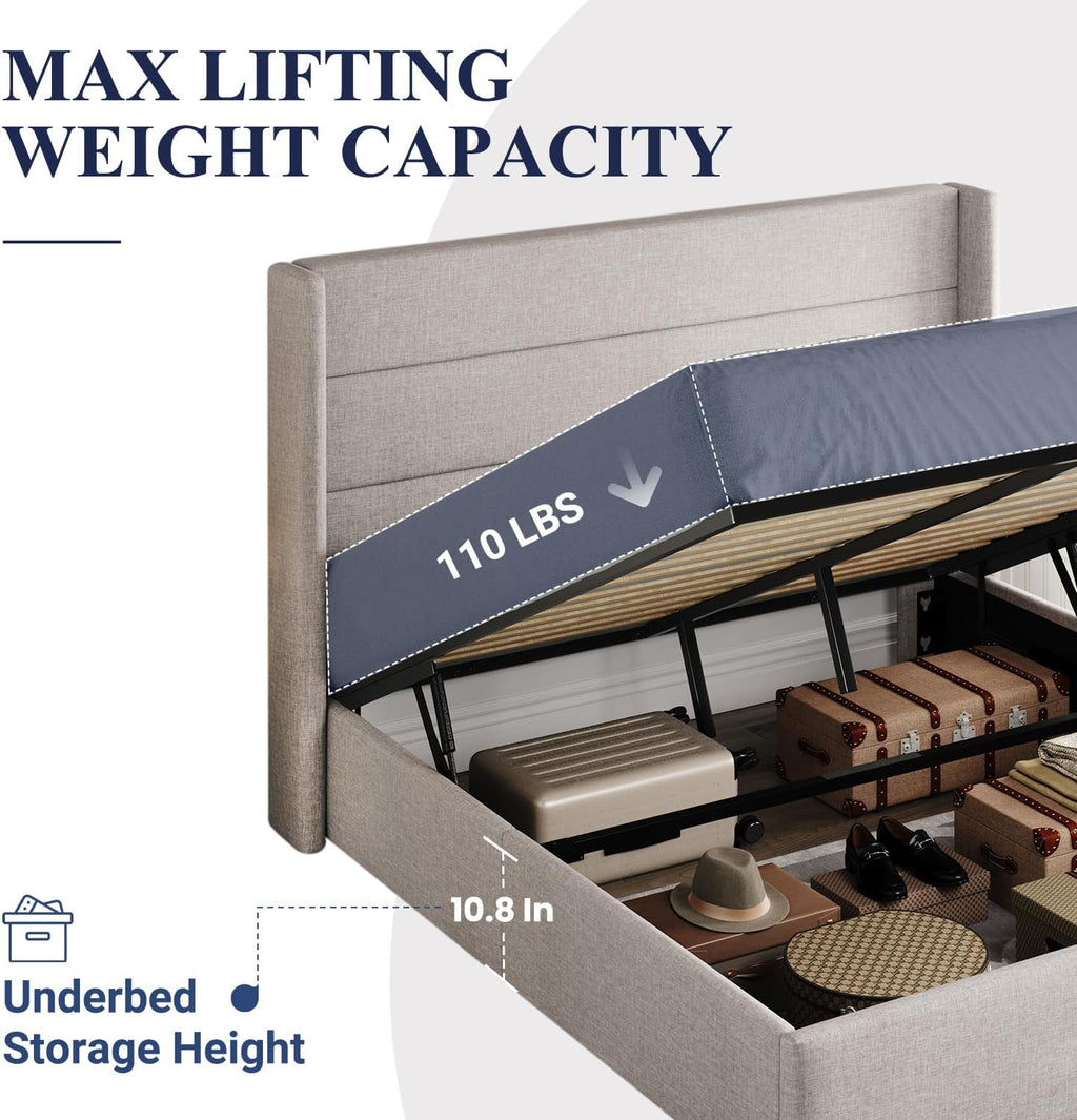 Queen Size Lift-Up Storage Bed With Wingback Headboard, Upholstered Platform Bed Frame With Hidden Storage