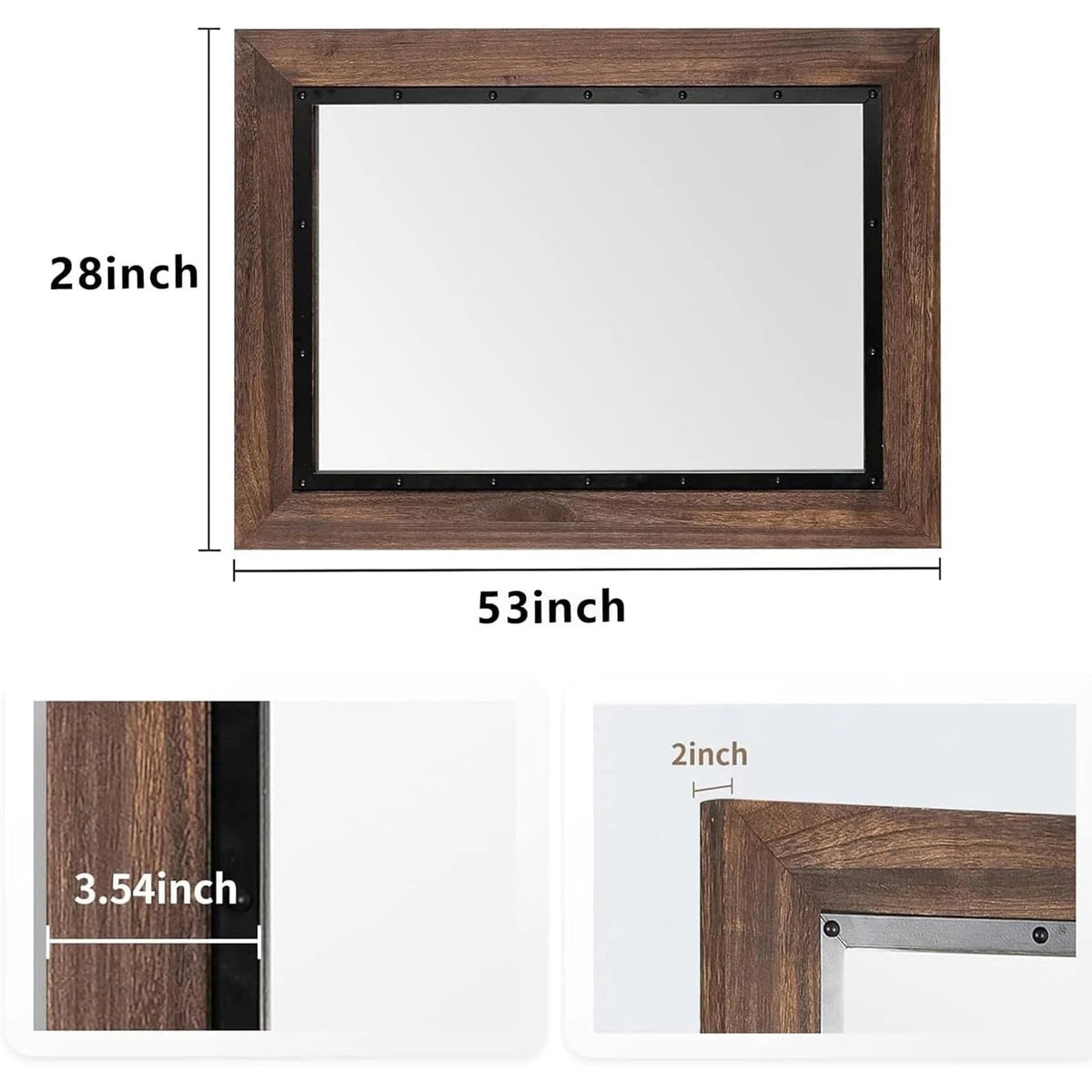 Solid Wood And Iron Framed Wall Mirror - 26 in x 18 in, 32 in x 24 in, 40 in x 26 in, 48 in x 30 in, 53 in x 28 in