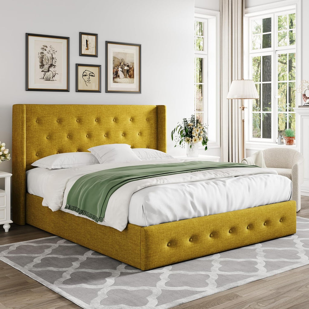 Queen Size Lift-Up Storage Bed With Wingback Headboard, Upholstered Platform Bed Frame With Hidden Storage