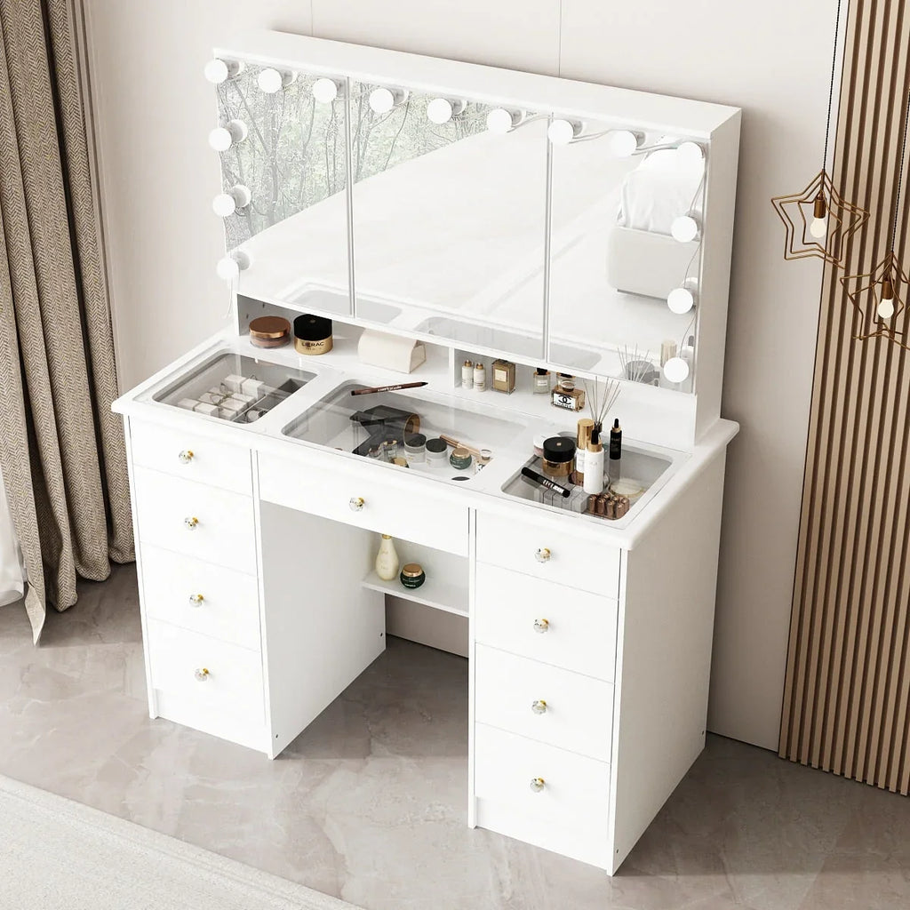 Makeup Vanity Dresser With Tri-Fold Mirror, Glass Top And 15 Bulbs - 40.2 x 53.6 x 19.7