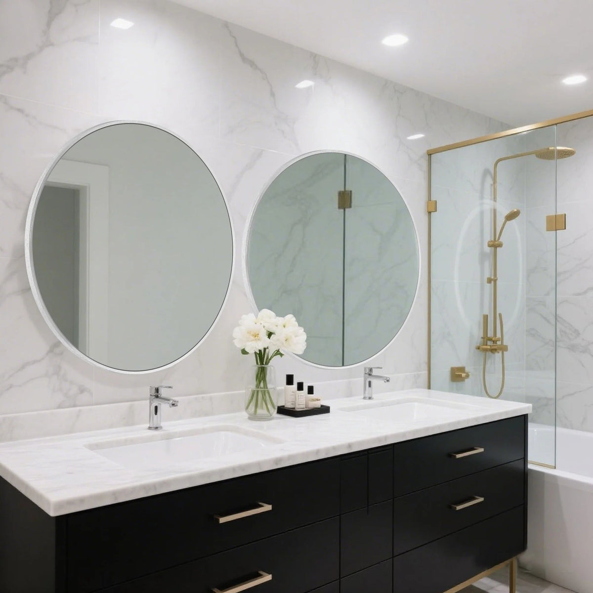 Round Bathroom Vanity Mirror, 24x24 / 36x36, Black, Brushed Gold or Silver