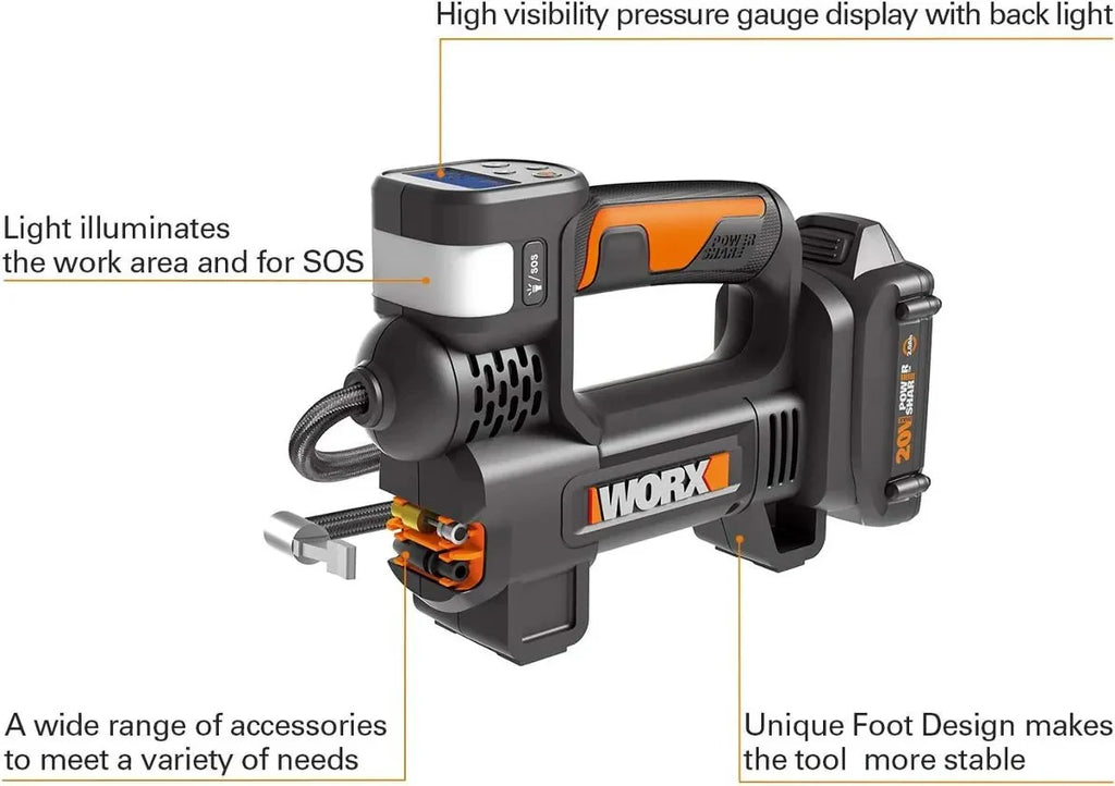 Worx 20V MAX Cordless Multi-Function Air Pump Inflator, Black - 1 x 2.0aH Battery and 1 x Charger Included