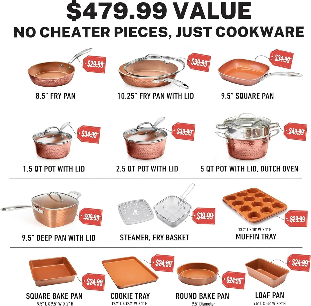 Gotham Steel Hammered 20 Pc Ceramic Nonstick Cookware Set, Copper