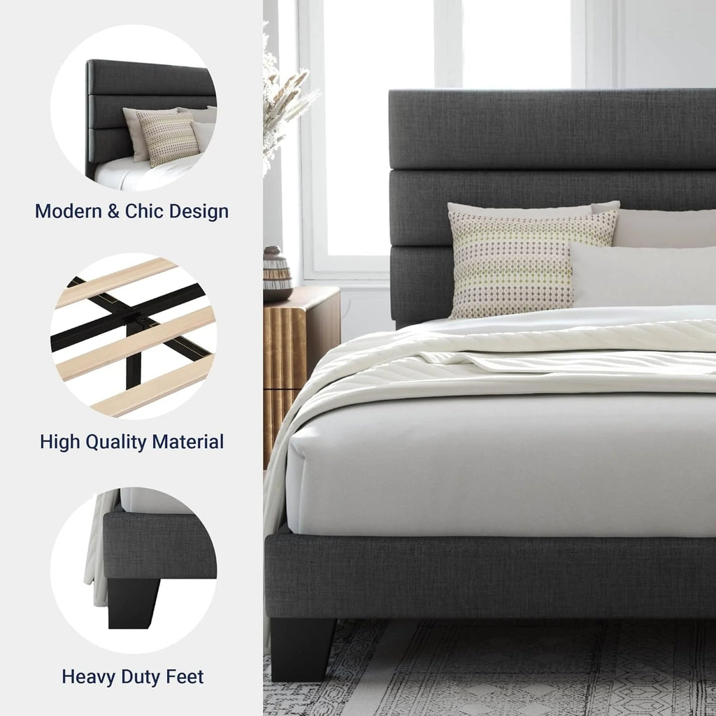 Queen Size Upholstered Platform Bed Frame With Headboard - Dark Gray Fabric