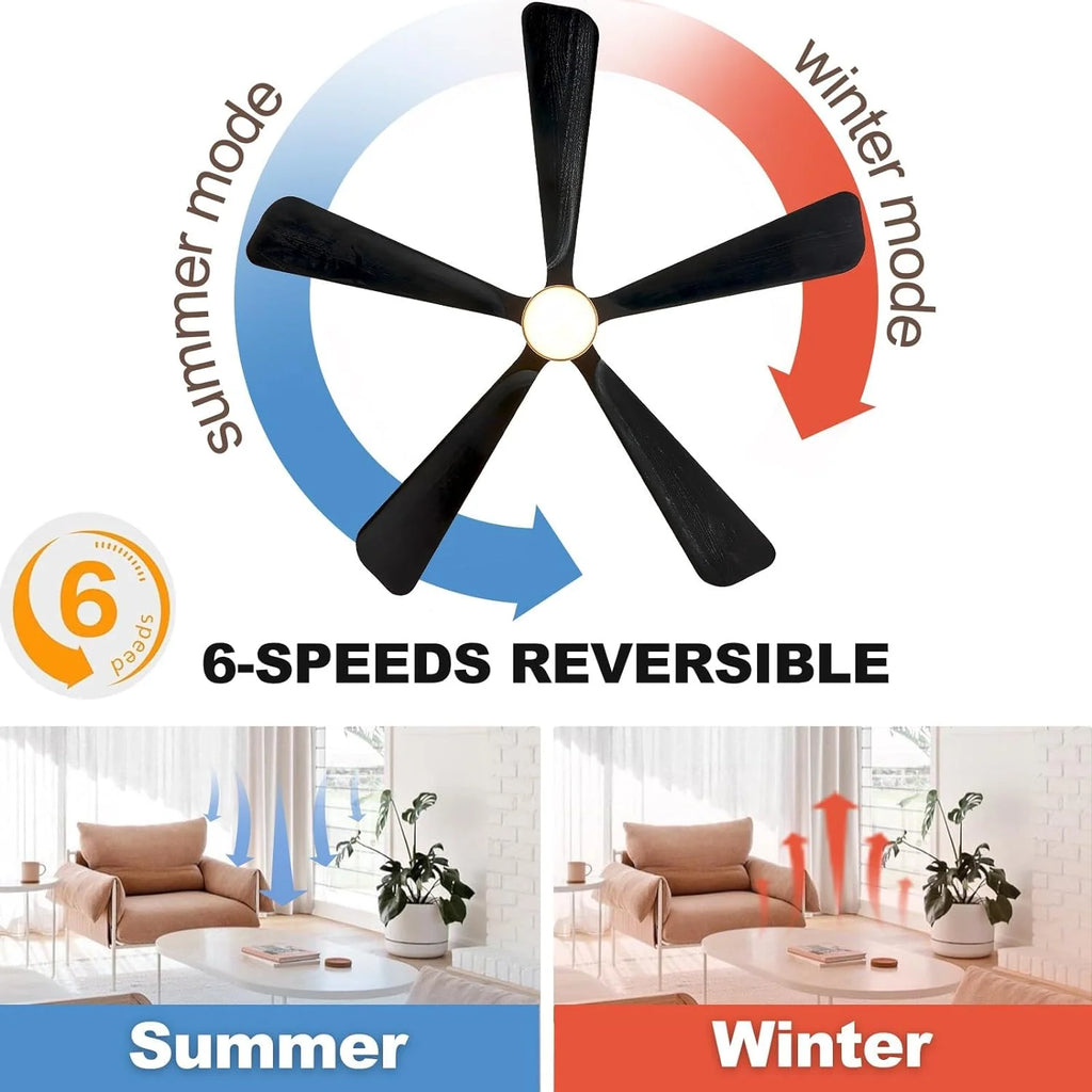 BOOSANT 60 inch Ceiling Fan With LED Light, 5 Solid Wood Blades, 6 Speeds, Deep Brown - 8727
