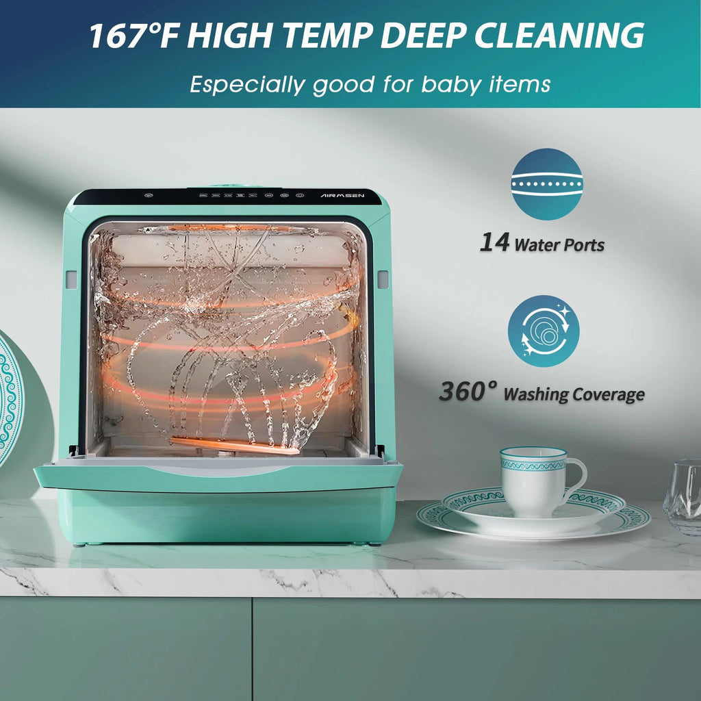 AIRMSEN Portable Countertop Dishwasher With 5L Built-In Water Tank And 5 Washing Programs - AE-TDQR03