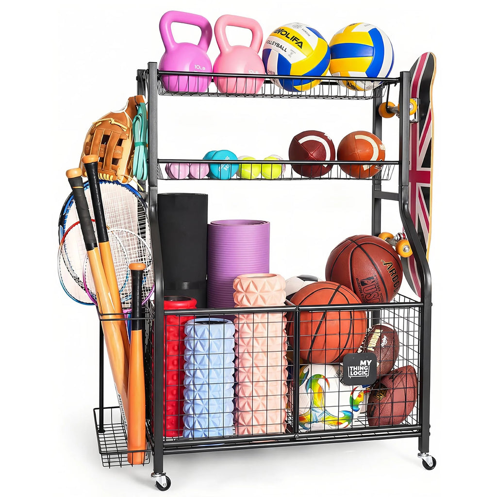 Garage Sports Equipment Storage Organizer, Steel, 36.2in x 16.5in x 44.3in - 2 Bins, 1 Basket, 1 Ball Rack