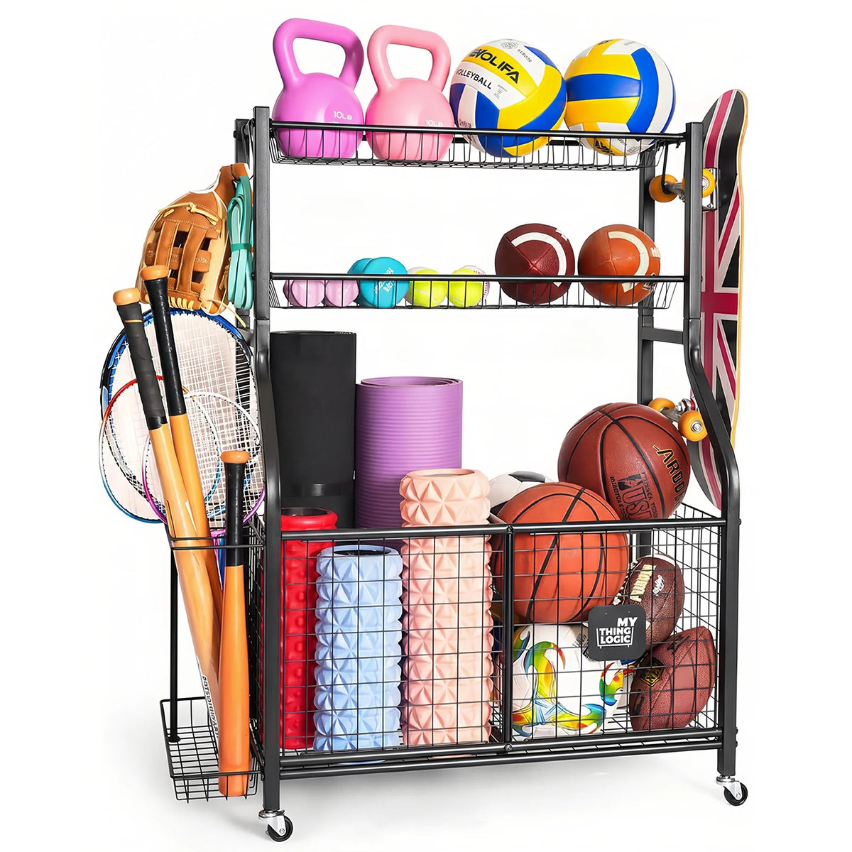 Garage Sports Equipment Storage Organizer, Steel, 36.2in x 16.5in x 44.3in - 2 Bins, 1 Basket, 1 Ball Rack