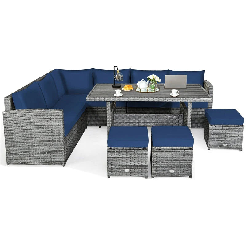 7-Piece Rattan Patio Dining Set With 3 Corner Chairs, 3 Ottomans And Table