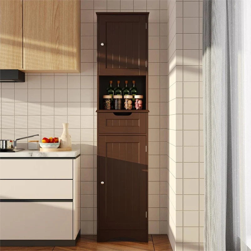 67 Inch Tall Narrow Bathroom Linen Storage Cabinet, 5-Tier Solid Wood Freestanding