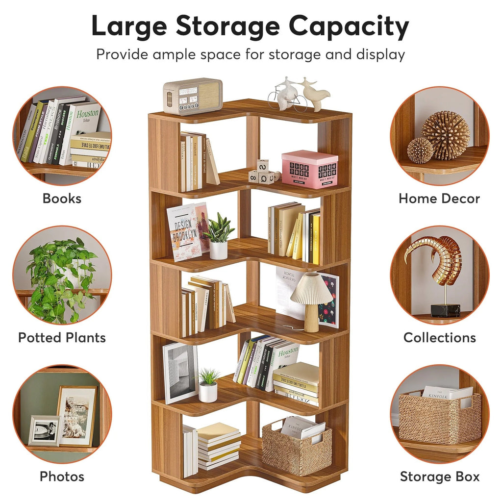 6-Tier Corner Bookshelf, 64.9 Inch Tall, Freestanding Wood Industrial Bookcase