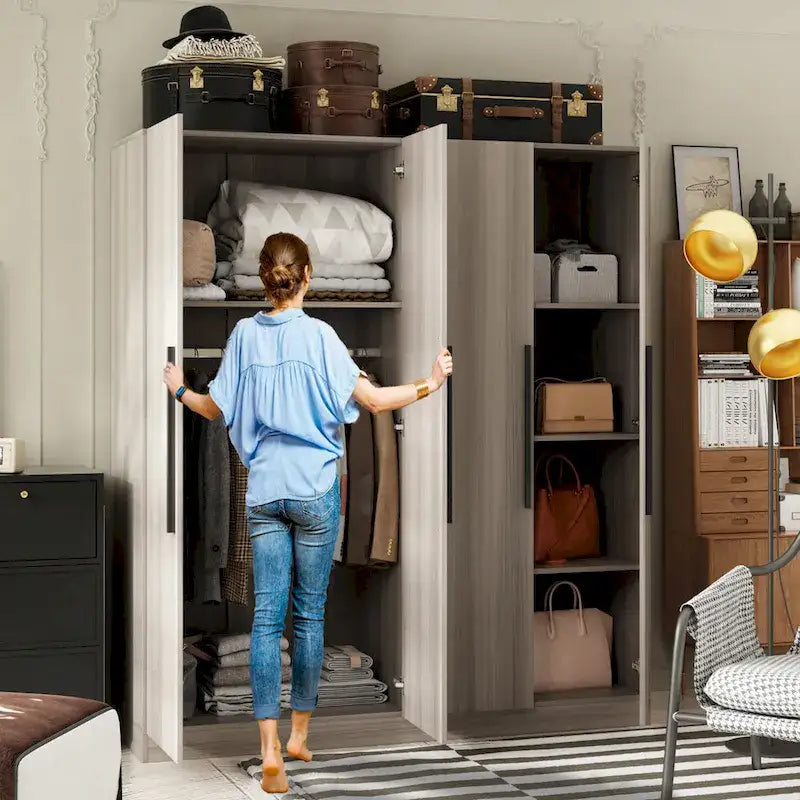 FUFU&GAGA Freestanding Solid Wood Wardrobe Closet With Storage Shelves
