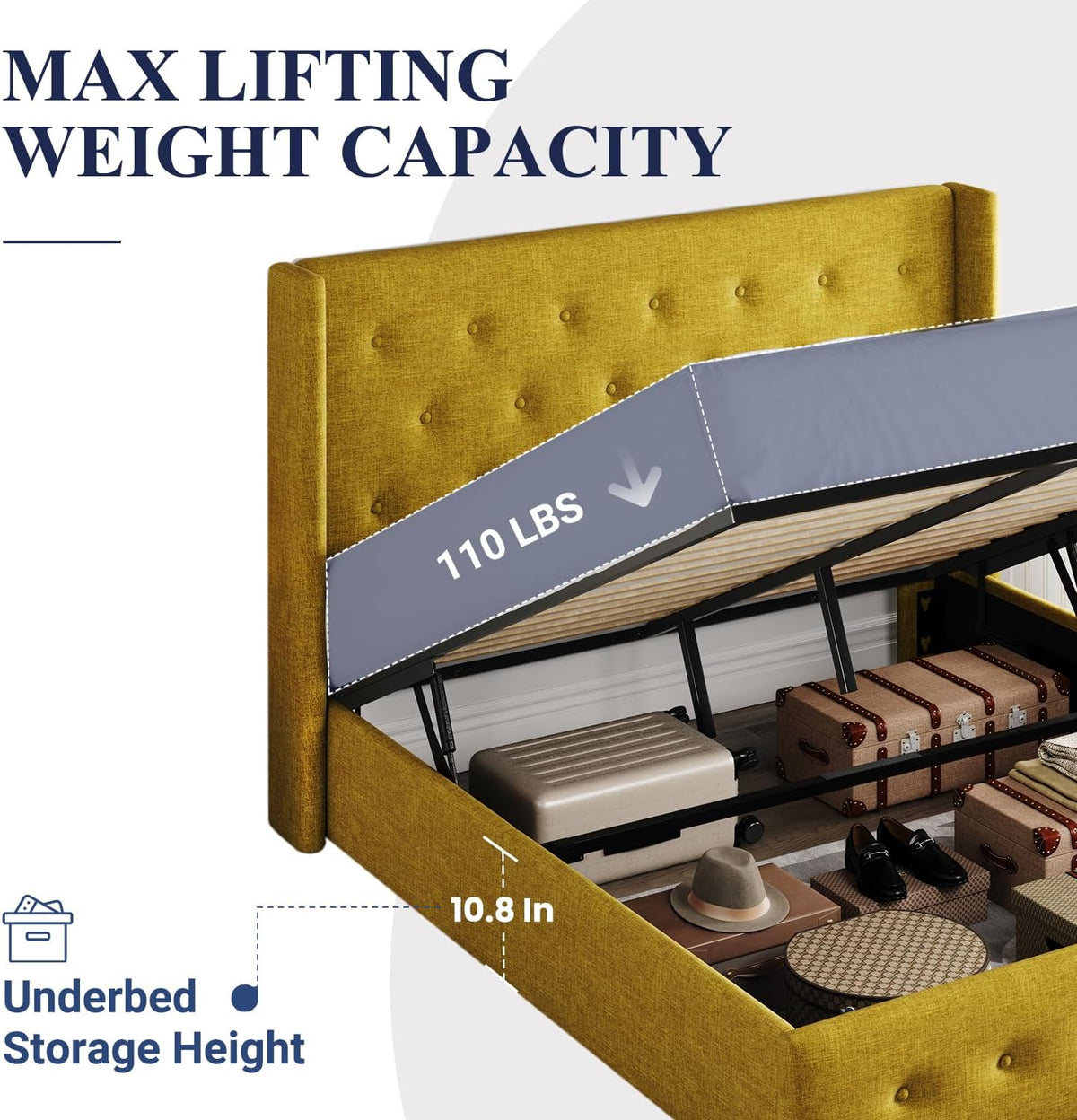 Queen Size Lift-Up Storage Bed With Wingback Headboard, Upholstered Platform Bed Frame With Hidden Storage